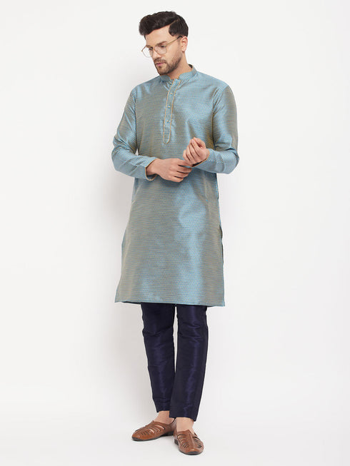 Vastramay Men's Aqua Blue Silk Blend Kurta and Navy Blue Pant Style Pyjama Set